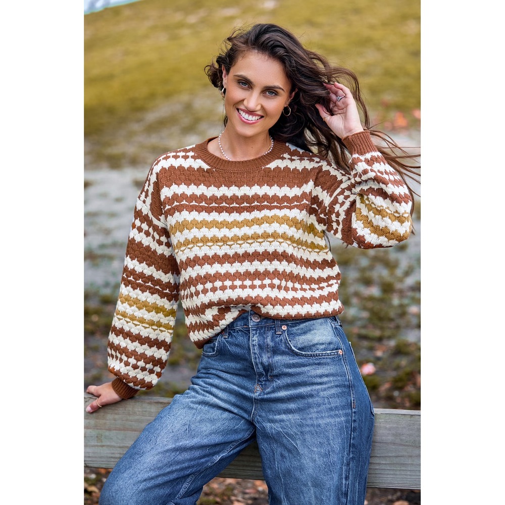 Cupshe Womens Brown Geometric Chevron Knit Crewneck Sweater Size M